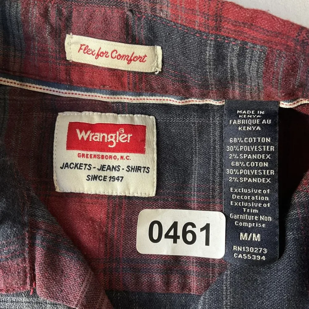 Wrangler Men Button Up Shirt M Red Plaid Flannel Western Long Sleeve